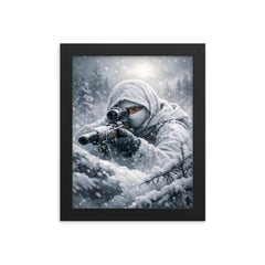Simo Hayha in white camouflage silence framed print on a plain backdrop in size 8"x10".