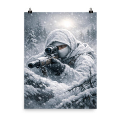 Simo Hayha in white camouflage silence poster on a plain backdrop in size 8"x10".