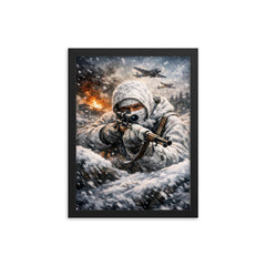 Simo Hayha in white winter camouflage framed print on a plain backdrop in size 12"x16".