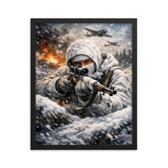 Simo Hayha in white winter camouflage framed print on a plain backdrop in size 16"x20".