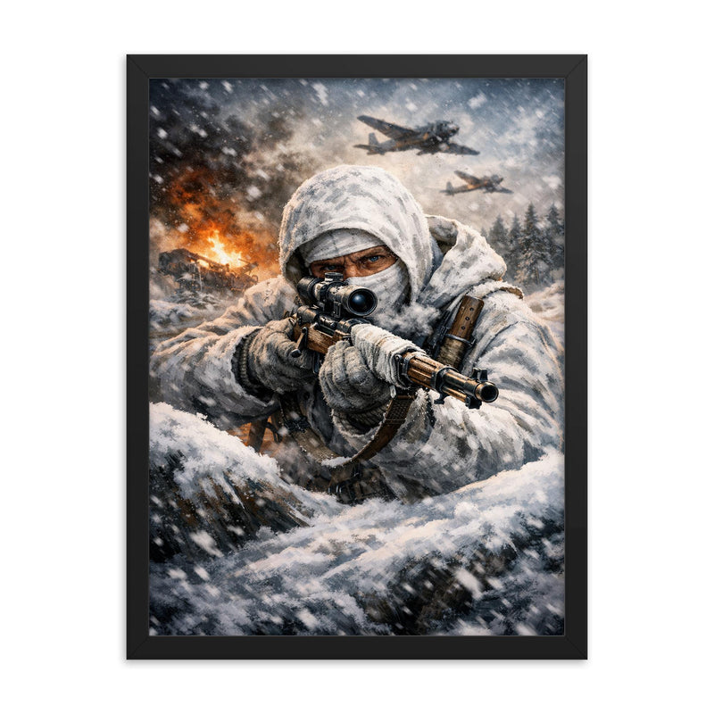 Simo Hayha in white winter camouflage framed print on a plain backdrop in size 18