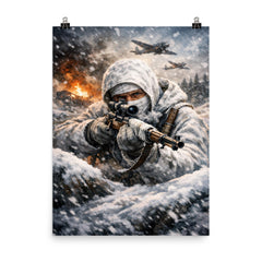 Simo Hayha in white winter camouflage poster on a plain backdrop in size 8"x10".