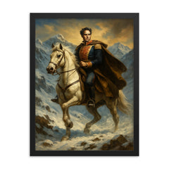 Simón Bolívar crossing the Andes framed print on a plain backdrop in size 18"x24".