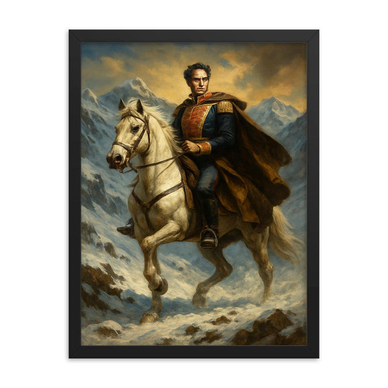 Simón Bolívar crossing the Andes framed print on a plain backdrop in size 18