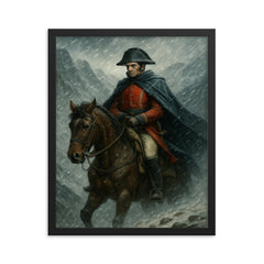 Simón Bolívar crossing the Andes in sleet framed print on a plain backdrop in size 16"x20".