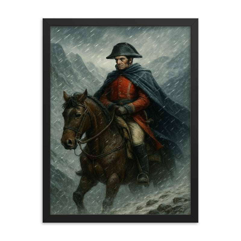 Simón Bolívar crossing the Andes in sleet framed print on a plain backdrop in size 18