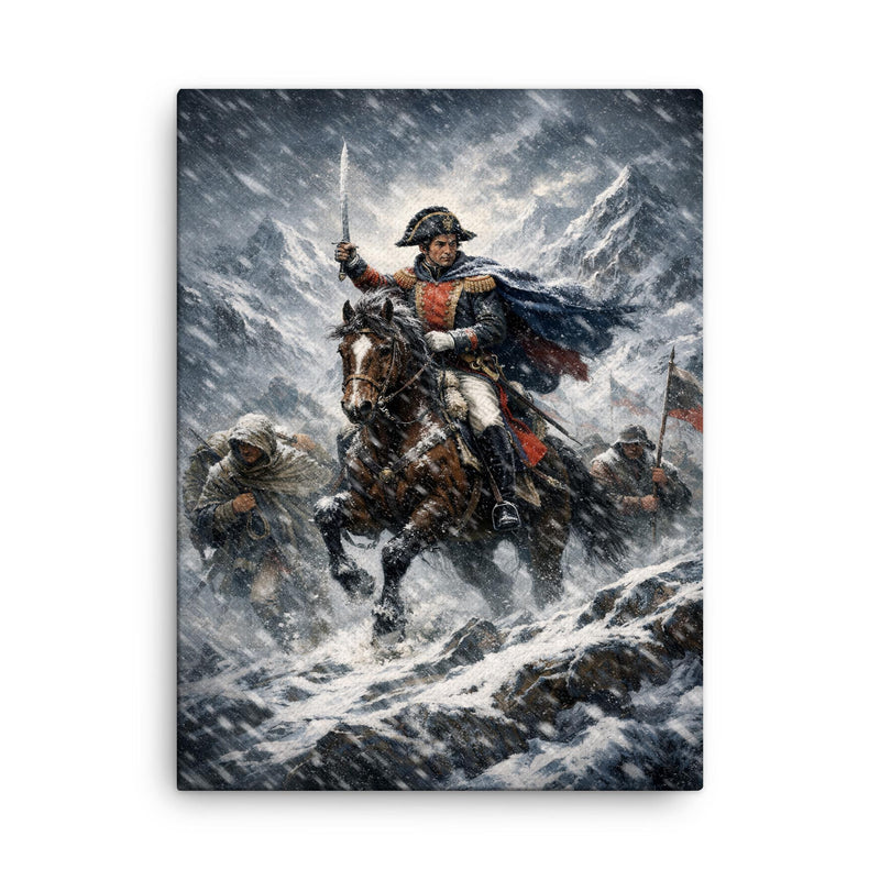 Simon Bolivar crossing the Andes in sleet canvas print on a plain backdrop in size 18