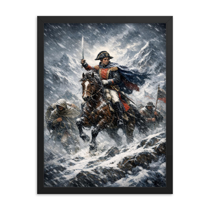 Simon Bolivar crossing the Andes in sleet framed print on a plain backdrop in size 18