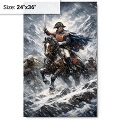 Simon Bolivar crossing the Andes in sleet metal print on a plain backdrop in size 24"x36".