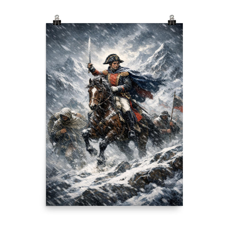 Simon Bolivar crossing the Andes in sleet poster on a plain backdrop in size 8