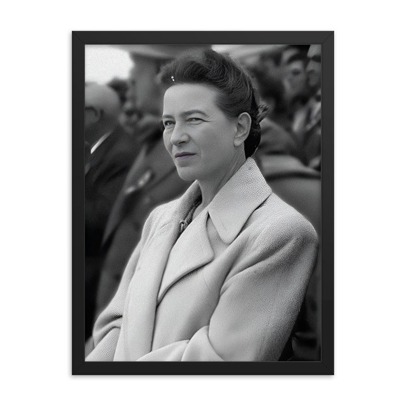 Simone de Beauvoir framed print on a plain backdrop in size 18