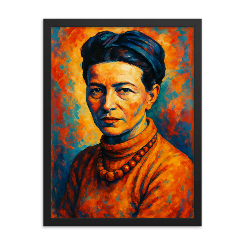 Simone de Beauvoir framed print on a plain backdrop in size 18