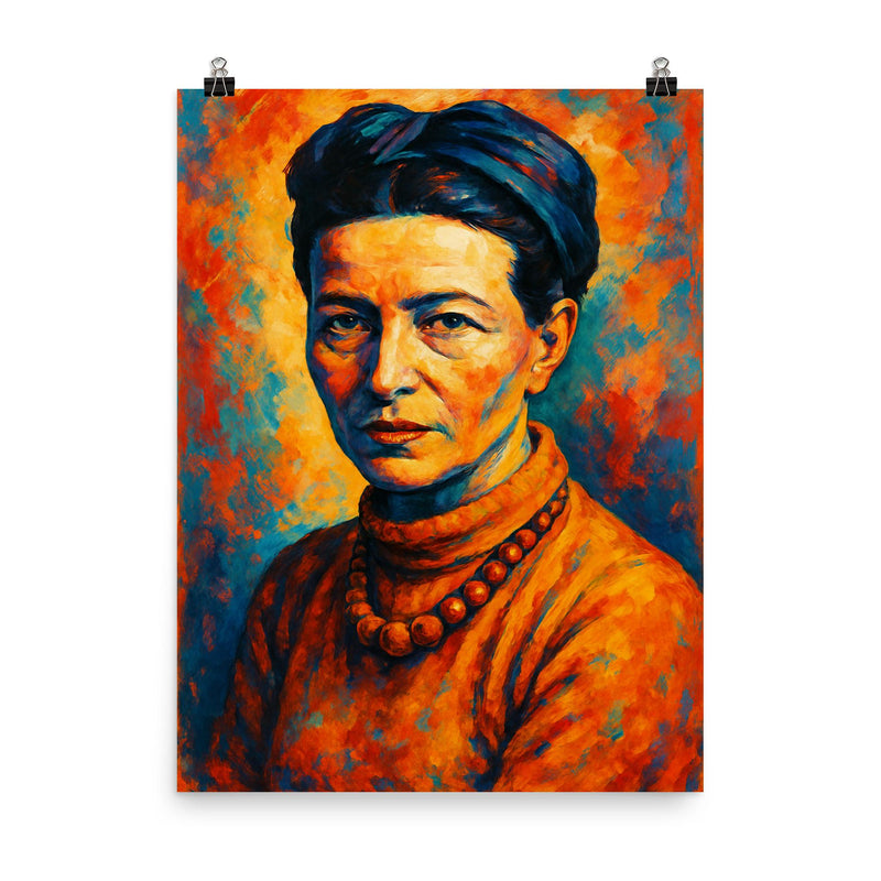 Simone de Beauvoir poster on a plain backdrop in size 8