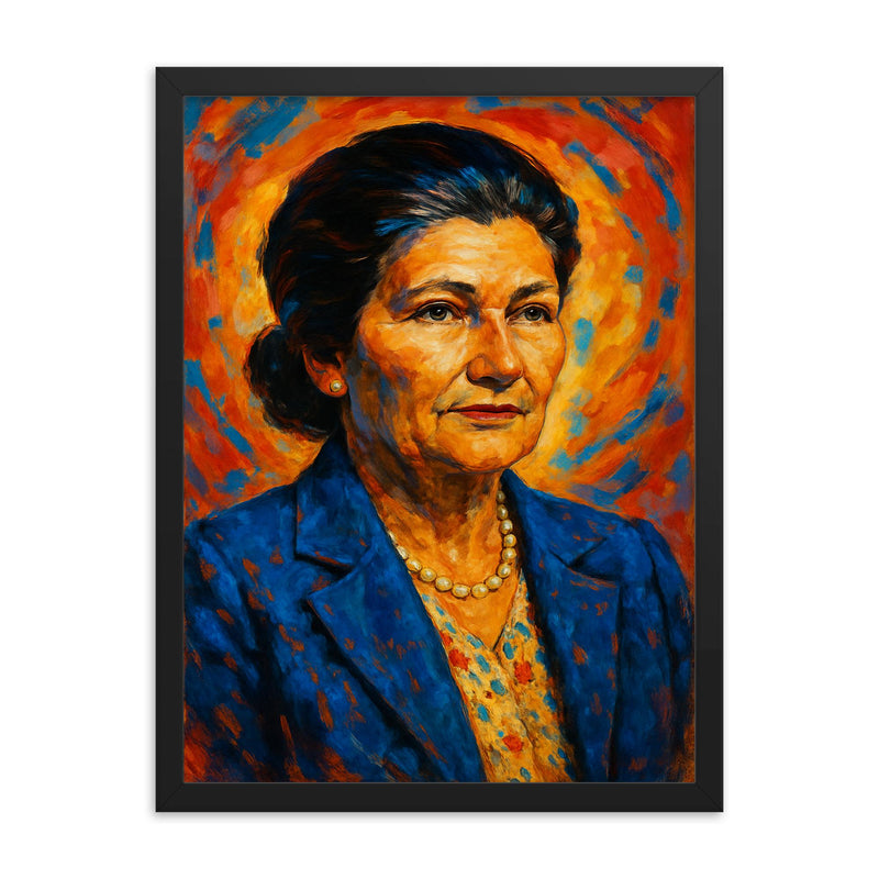 Simone Veil framed print on a plain backdrop in size 18