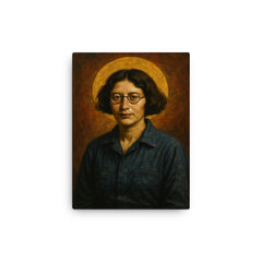 Simone Weil factory overalls and halo canvas print on a plain backdrop in size 12"x16".
