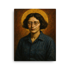 Simone Weil factory overalls and halo canvas print on a plain backdrop in size 16"x20".