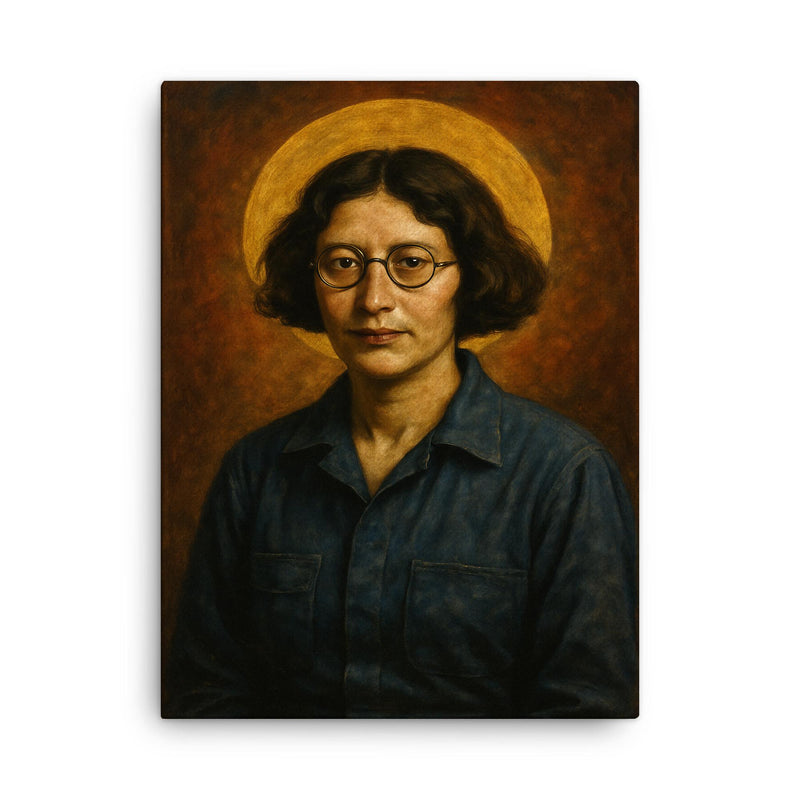 Simone Weil factory overalls and halo canvas print on a plain backdrop in size 18
