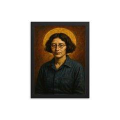 Simone Weil factory overalls and halo framed print on a plain backdrop in size 12"x16".