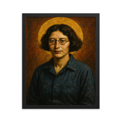 Simone Weil factory overalls and halo framed print on a plain backdrop in size 16"x20".