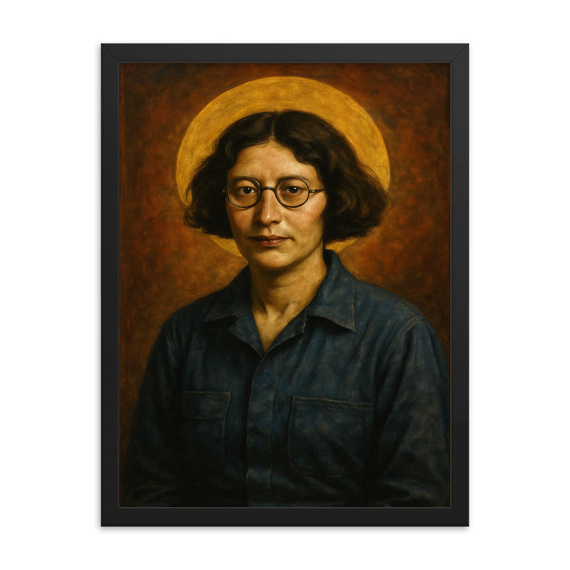 Simone Weil factory overalls and halo framed print on a plain backdrop in size 18