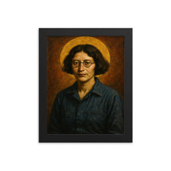 Simone Weil factory overalls and halo framed print on a plain backdrop in size 8"x10".