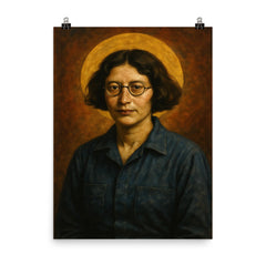 Simone Weil factory overalls and halo poster on a plain backdrop in size 8"x10".