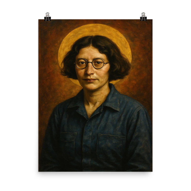 Simone Weil factory overalls and halo poster on a plain backdrop in size 8