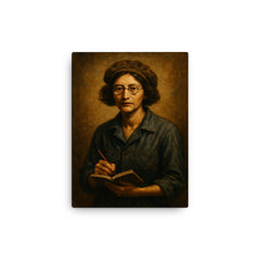Simone Weil factory overalls and notebook canvas print on a plain backdrop in size 12"x16".
