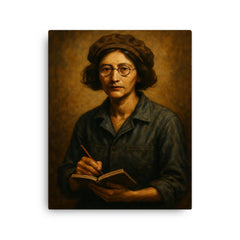 Simone Weil factory overalls and notebook canvas print on a plain backdrop in size 16"x20".
