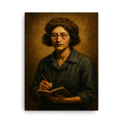 Simone Weil factory overalls and notebook canvas print on a plain backdrop in size 18"x24".
