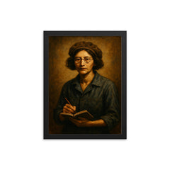 Simone Weil factory overalls and notebook framed print on a plain backdrop in size 12"x16".