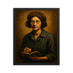 Simone Weil factory overalls and notebook framed print on a plain backdrop in size 16"x20".