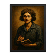 Simone Weil factory overalls and notebook framed print on a plain backdrop in size 18"x24".