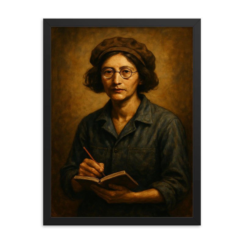 Simone Weil factory overalls and notebook framed print on a plain backdrop in size 18