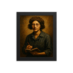 Simone Weil factory overalls and notebook framed print on a plain backdrop in size 8"x10".