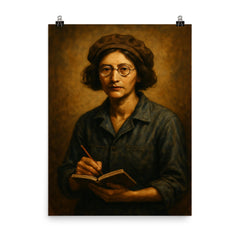 Simone Weil factory overalls and notebook poster on a plain backdrop in size 8"x10".