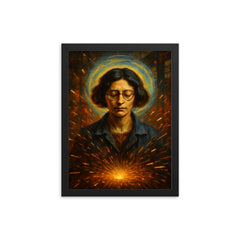 Simone Weil factory sparks and mystical gravity portrait framed print on a plain backdrop in size 12"x16".