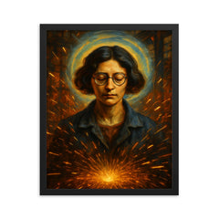 Simone Weil factory sparks and mystical gravity portrait framed print on a plain backdrop in size 16"x20".