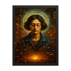 Simone Weil factory sparks and mystical gravity portrait framed print on a plain backdrop in size 18"x24".