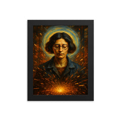 Simone Weil factory sparks and mystical gravity portrait framed print on a plain backdrop in size 8"x10".
