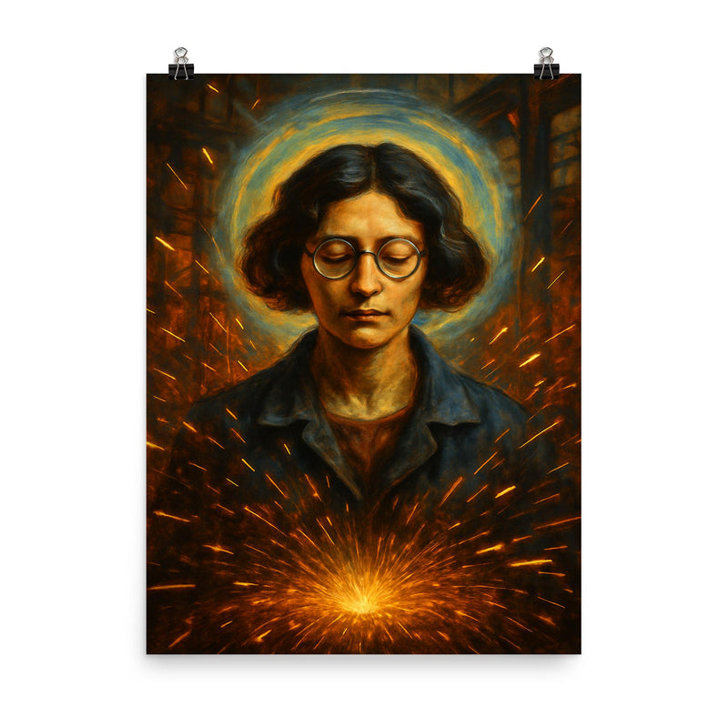 Simone Weil factory sparks and mystical gravity portrait poster on a plain backdrop in size 8