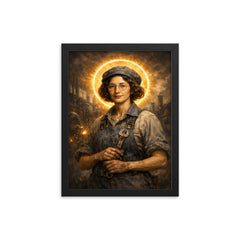 Simone Weil in factory overalls and halo framed print on a plain backdrop in size 12"x16".