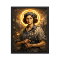 Simone Weil in factory overalls and halo framed print on a plain backdrop in size 16"x20".