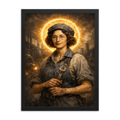 Simone Weil in factory overalls and halo framed print on a plain backdrop in size 18"x24".