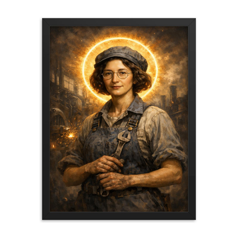 Simone Weil in factory overalls and halo framed print on a plain backdrop in size 18