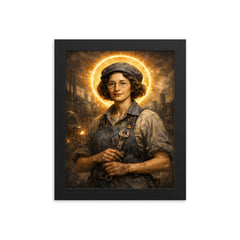 Simone Weil in factory overalls and halo framed print on a plain backdrop in size 8"x10".