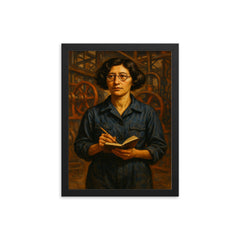 Simone Weil in factory overalls with notebook framed print on a plain backdrop in size 12"x16".