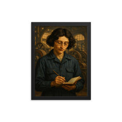 Simone Weil in factory overalls with notebook framed print on a plain backdrop in size 12"x16".