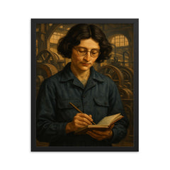 Simone Weil in factory overalls with notebook framed print on a plain backdrop in size 16"x20".