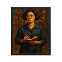 Simone Weil in factory overalls with notebook framed print on a plain backdrop in size 16"x20".